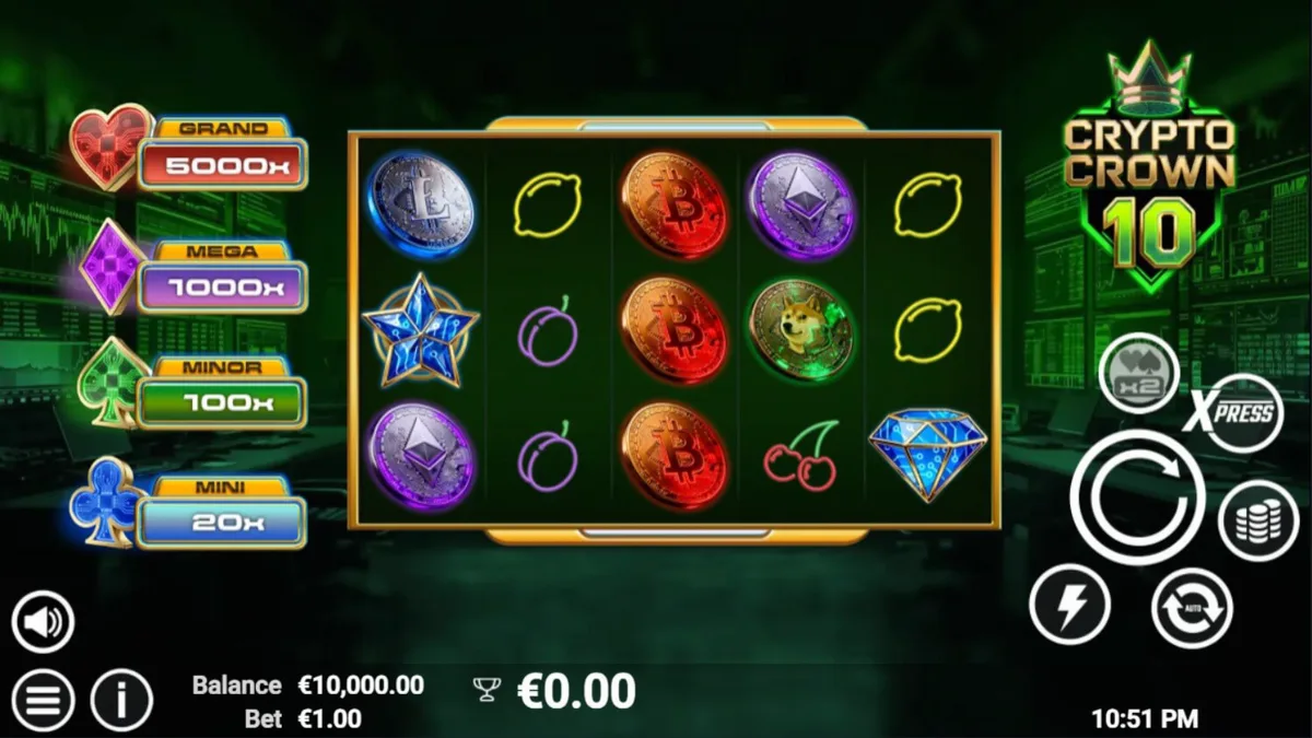 Tampilan visual futuristik dari slot Crypto Crown 10 dengan simbol kripto dan buah neon